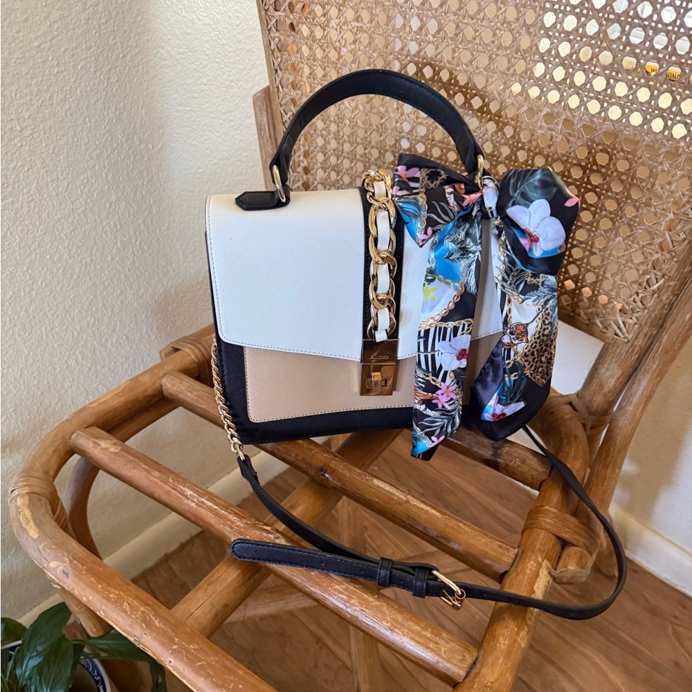 Aldo White, Black & Beige Colorblock Satchel with Scarf Accent